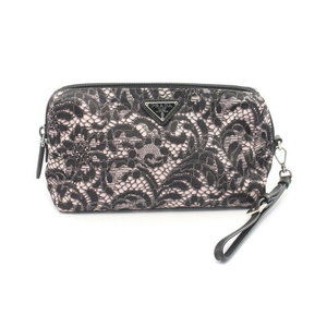 Prada TESSUTO ST PIZZ Pouch Bag Nylon Saffiano Leather Black Pink
